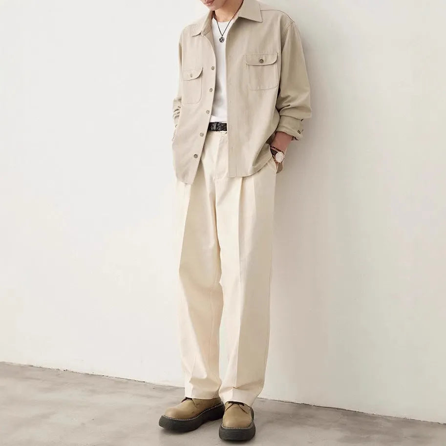 Men's light sand rice casual shirt with a lapel collar and long sleeves.