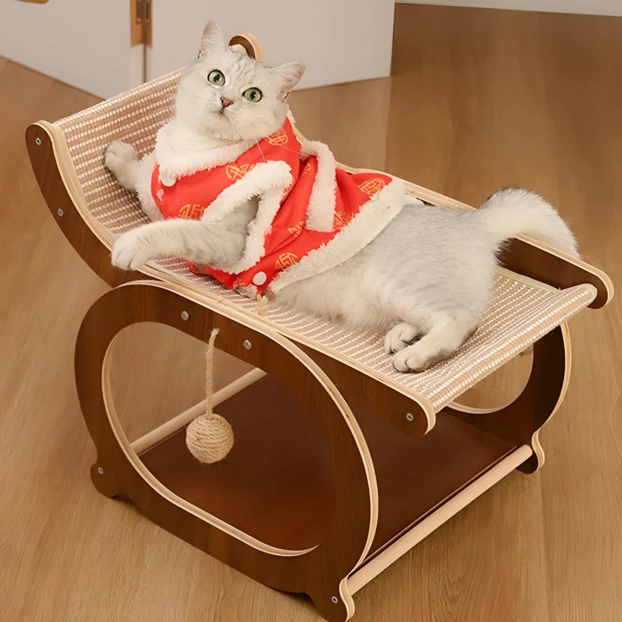 Solid wood sisal cat scratching bed recliner in walnut colour