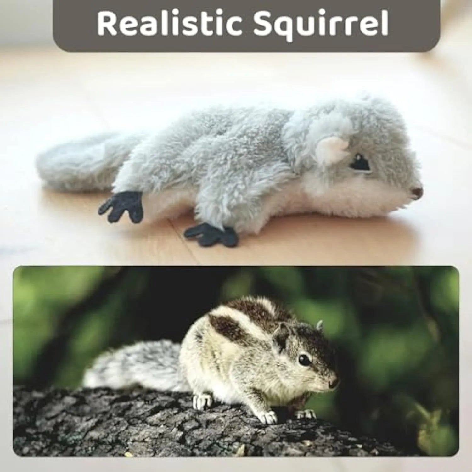 Grey plush flapping squirrel cat toy with USB charging port