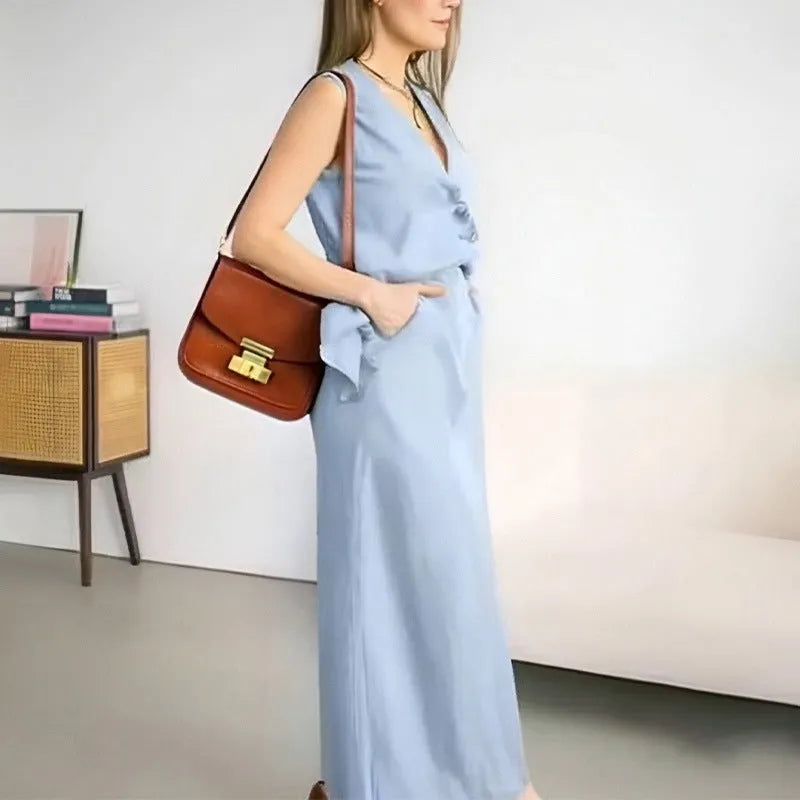 Women's casual two-piece suit with sleeveless vest and long skirt in polyester fabric