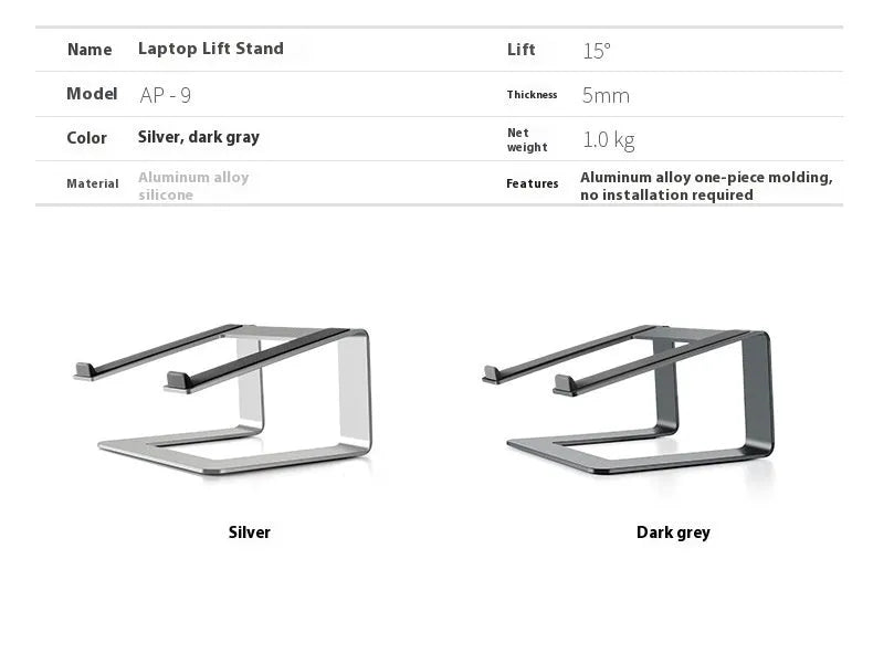 Black aluminium alloy laptop stand on desk with laptop elevated