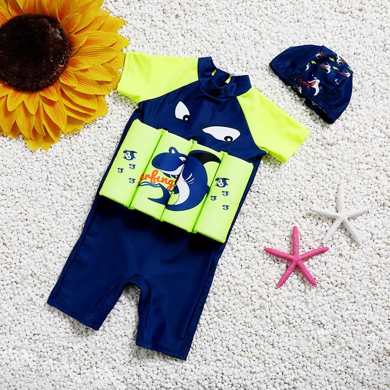 Shark Boy pattern buoyancy swimsuit for children, a one-piece floating swimwear with plaid design