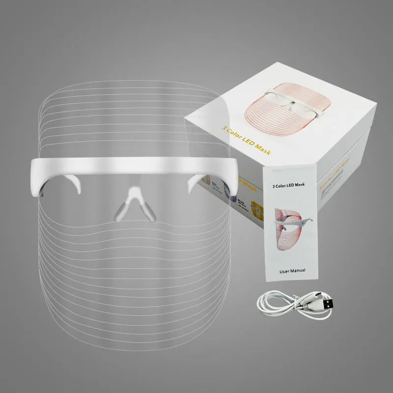 LED three-colour beauty mask in transparent finish for facial photon therapy at home