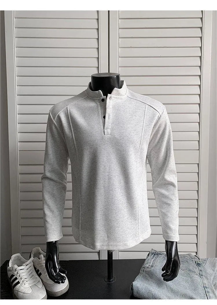 Men's patchwork stand-up collar polo shirt in Chinese cotton with asymmetric design