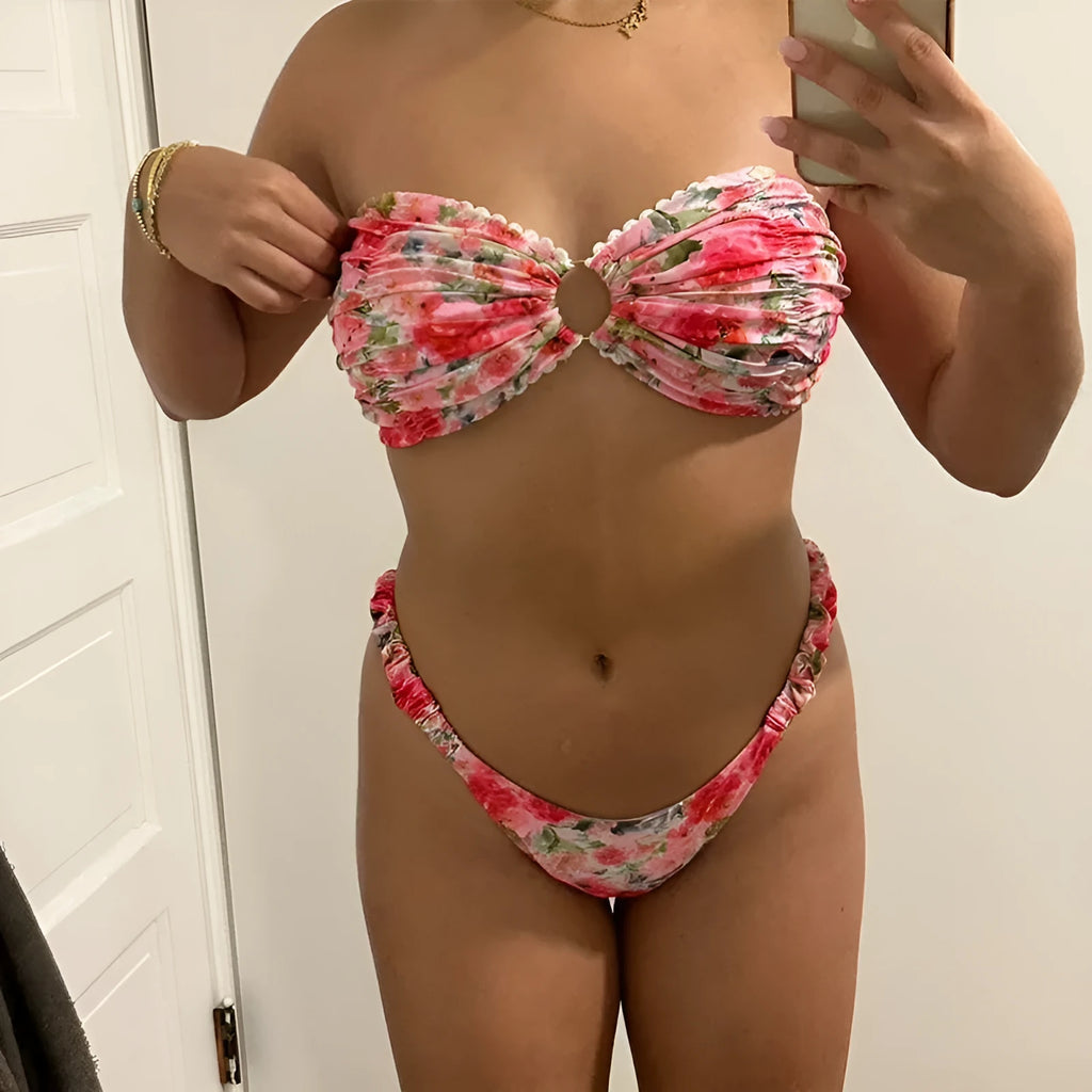 Floral printed tube top bikini with lace trim in European American style swimwear