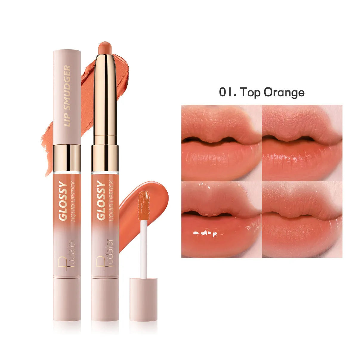 Double-headed lipstick lip gloss in matte finish showing ten colour options with moisturising formula