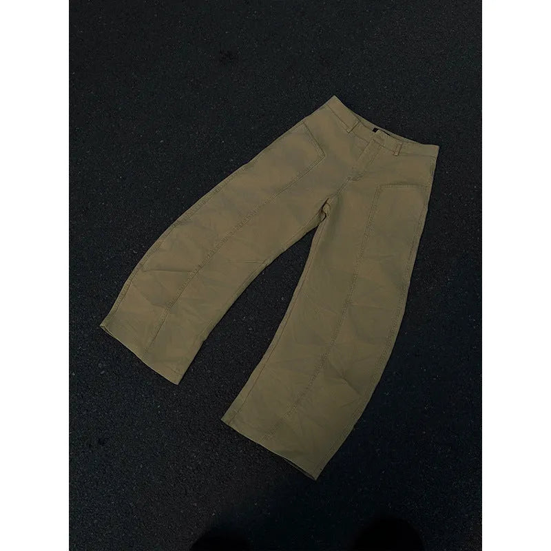 Men's khaki cotton straight-leg trousers with American retro styling laid flat