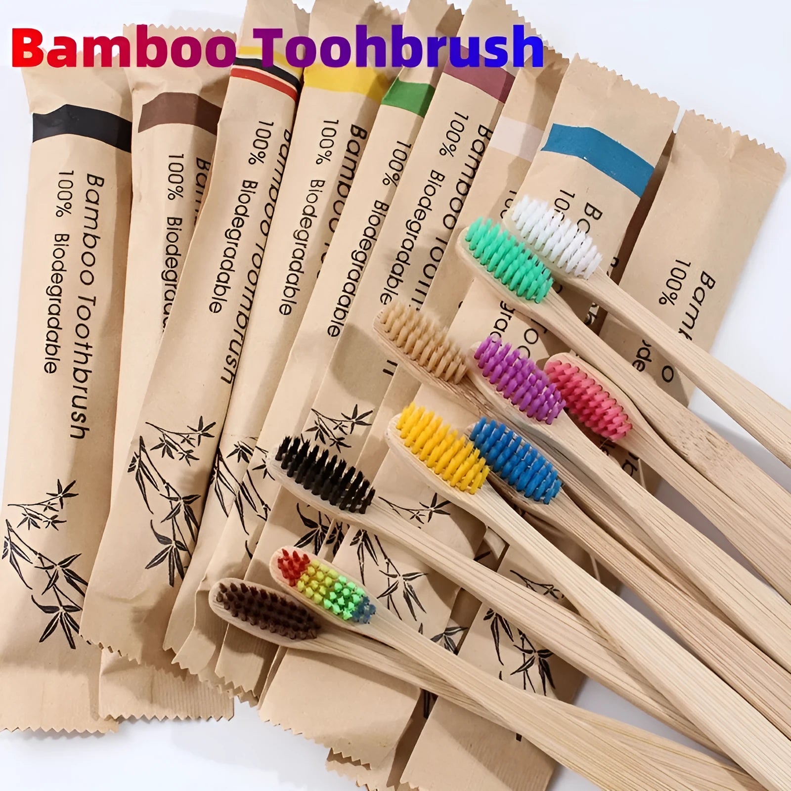 Set of 10 natural bamboo toothbrushes with charcoal bristles in various colours on white background