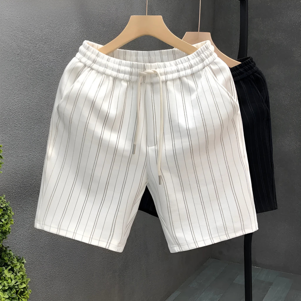 Men's black and white striped fleece-lined casual shorts with double waistband and ankle banded design