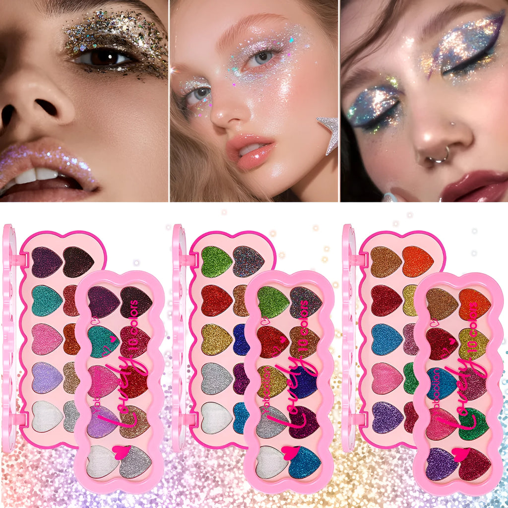 Pearlescent heart ten-colour sequins eye shadow palette showing 10 powder shades