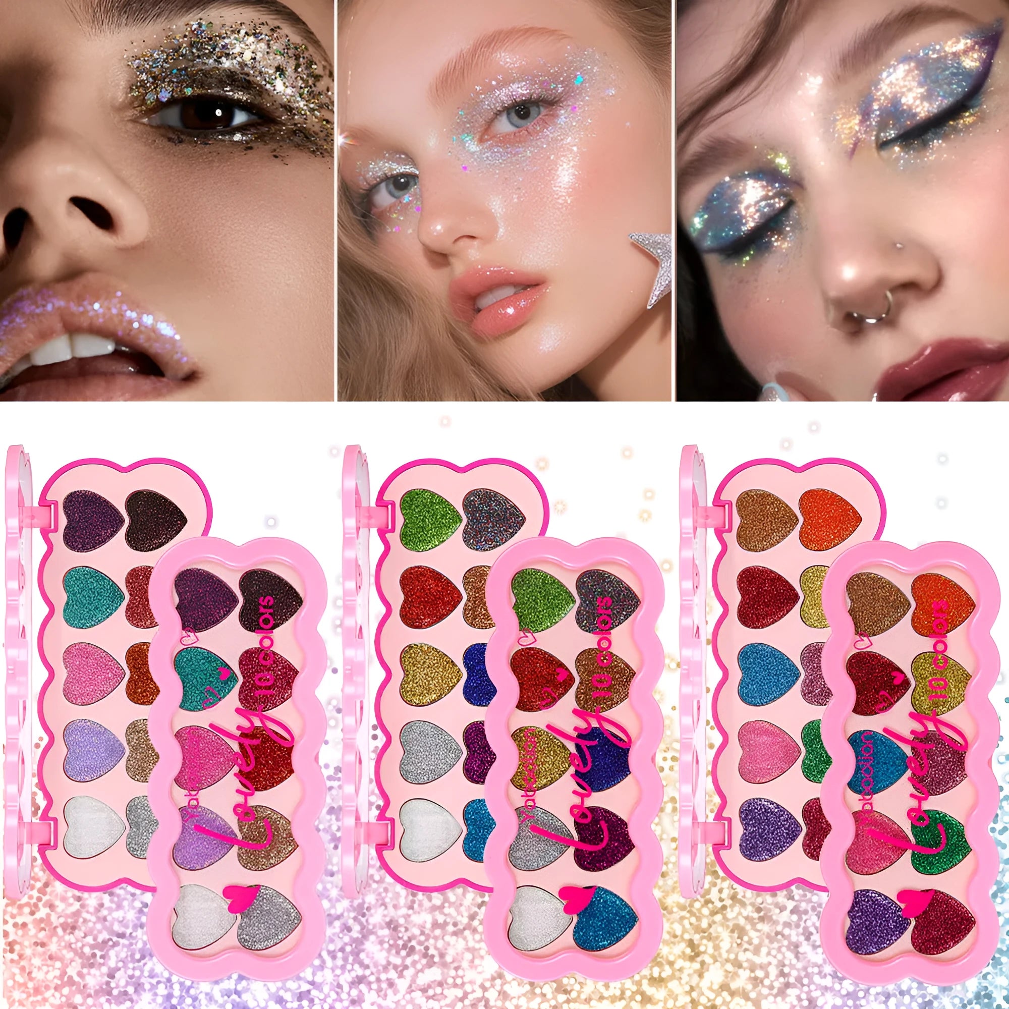 Pearlescent heart ten-colour sequins eye shadow palette showing 10 powder shades