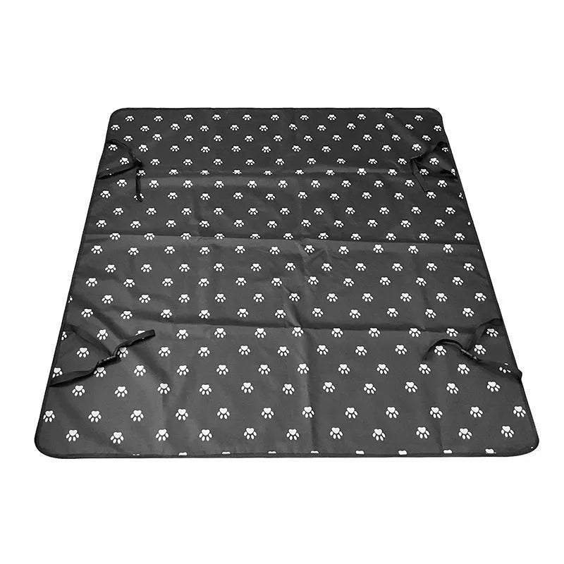 Car pet mat covering rear seat with water resistant cloth material in choice of colours and paw print designs