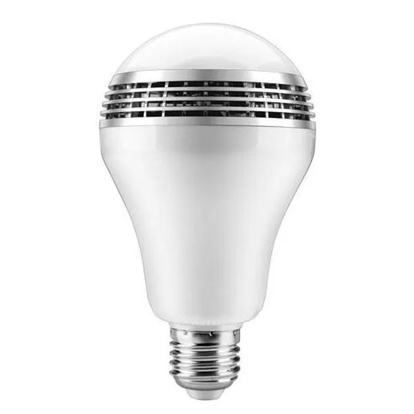 E27 LED smart bulb with Bluetooth speaker, showing multi-colour RGB lighting and dimensions of 100mm by 150mm.