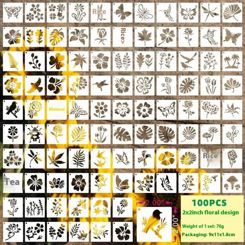Milky white PET film craft stencils showing animal, floral, and mandala designs, each measuring 2 inches.