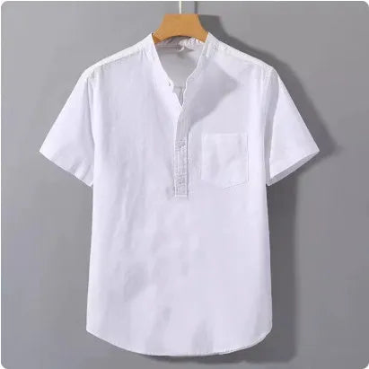 Men's loose-fit solid colour linen shirt with a stand collar and short sleeves on a hanger.