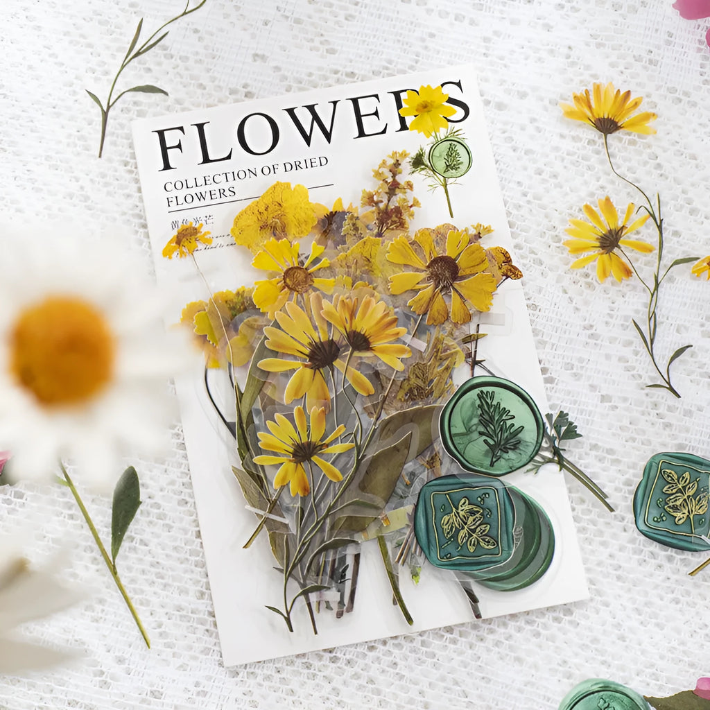 Dried flowers journal decoration stickers in eight colour themes including Dark Night Purple and leaf specimen designs