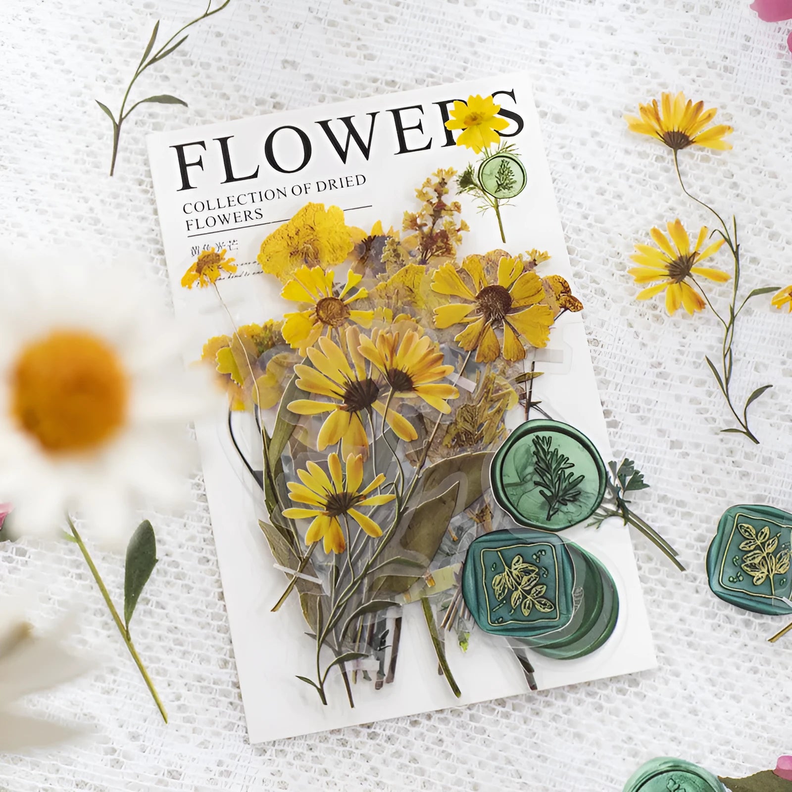 Dried flowers journal decoration stickers in eight colour themes including Dark Night Purple and leaf specimen designs
