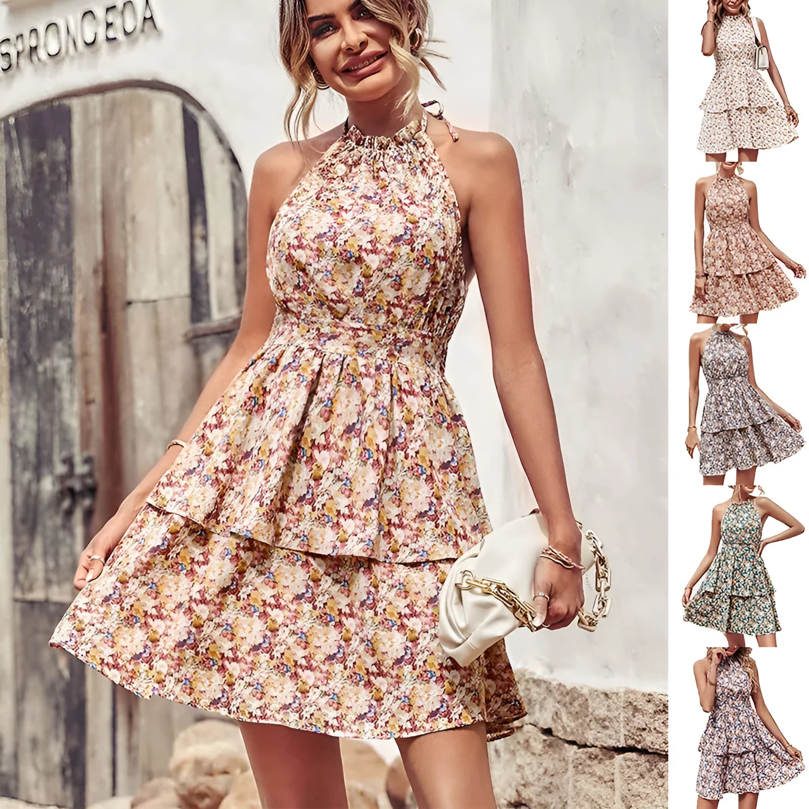 Women's printed halter-neck backless summer dress with ruffle detail in an A-line shape.