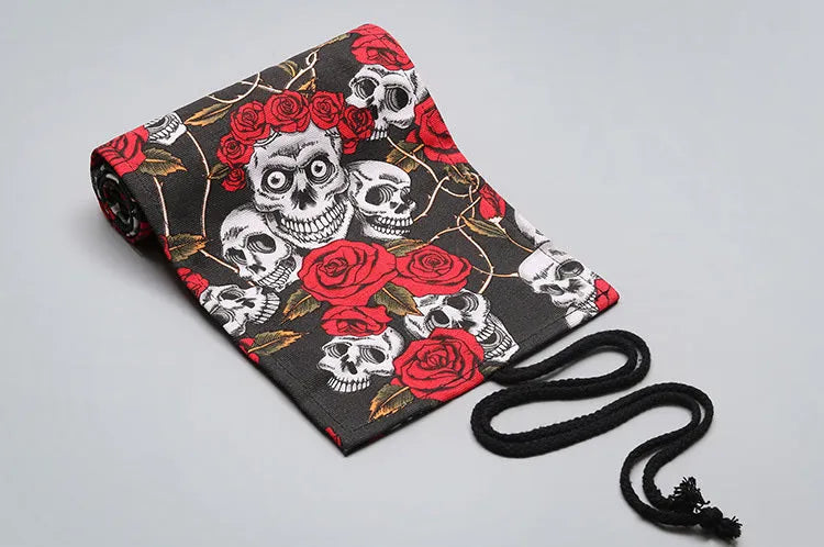 Canvas pencil wrap with multiple elastic bands rolled up showing slot configuration