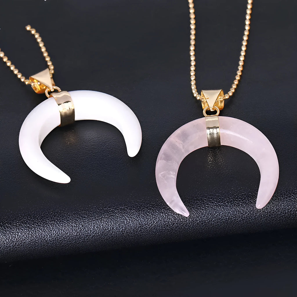 Natural stone moon pendant necklace on a 45cm copper chain, shown in pink or purple colour options.