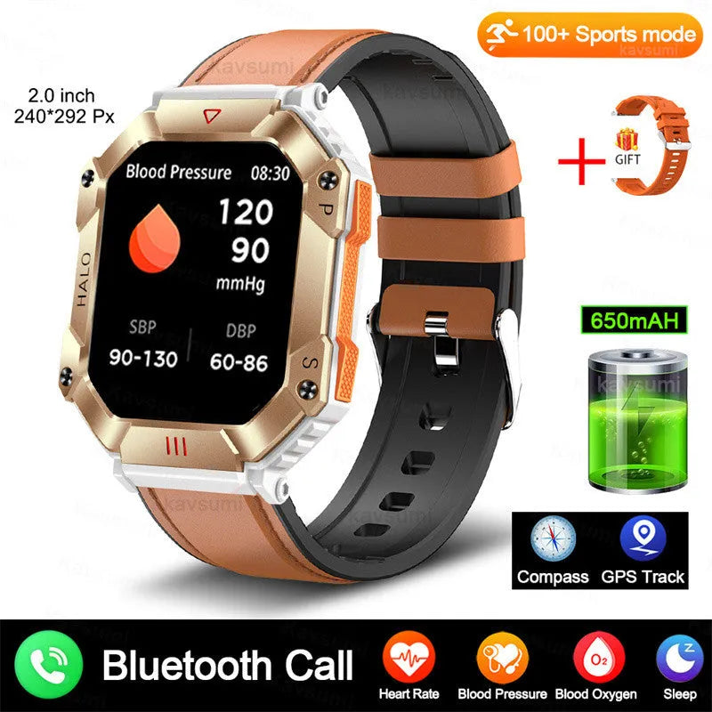 Android smart watch with titanium case on wrist, showing black camouflage strap option and display.