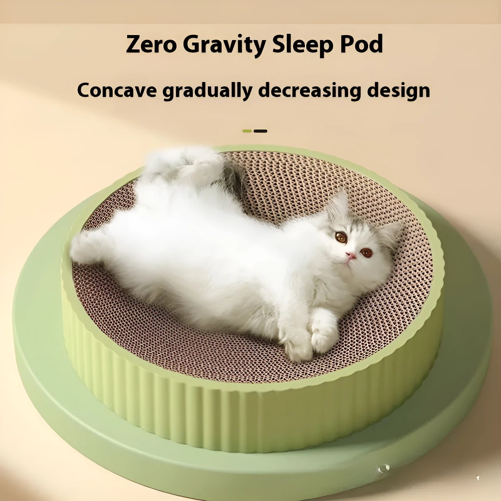 Round green cat scratching board with corrugated paper insert measuring 55cm diameter with two replacement refills