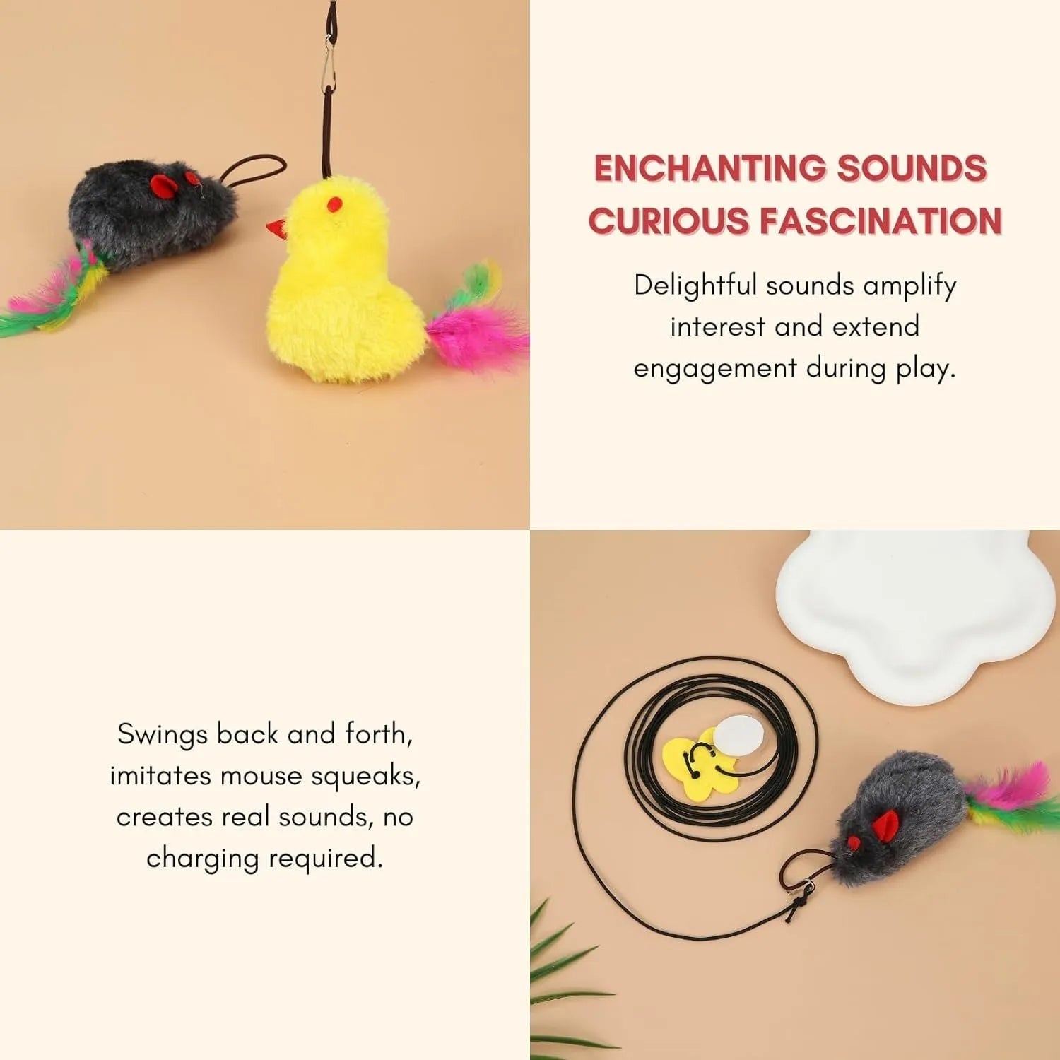 Grey and yellow interactive cat toy with swinging mouse, sound response, and treat dispenser on retractable cord