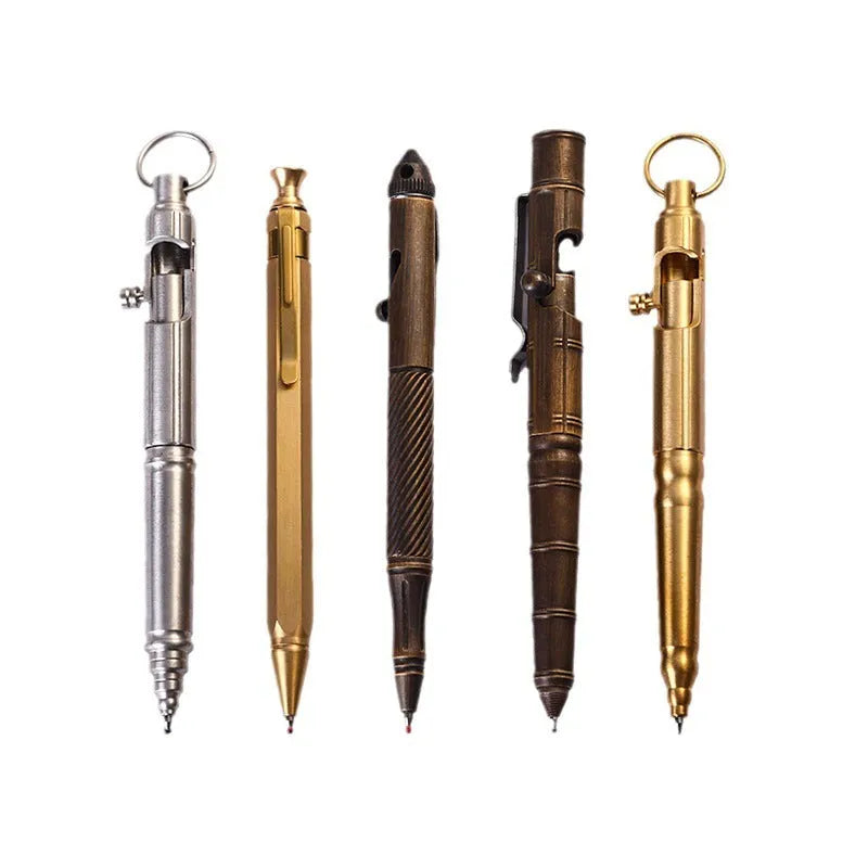 A retro-style brass tactical pen with a bolt-type metal design and press mechanism.