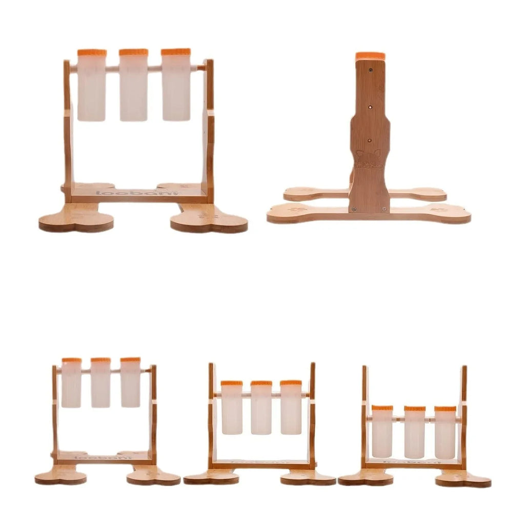 Wooden dog puzzle toy snack dispenser feeder in natural wood colour, showing size and design.