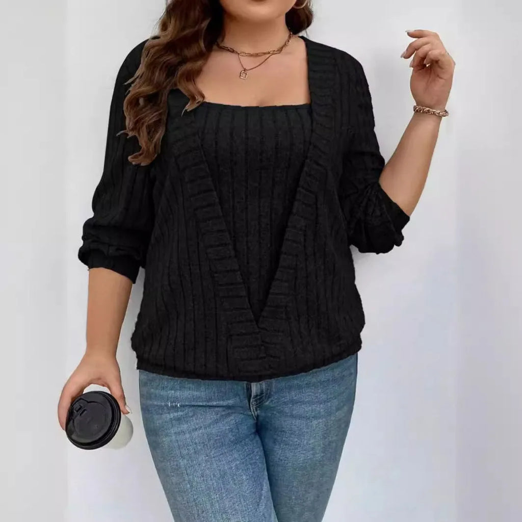 Women's solid colour rib fabric false two-piece suit with V-neck and long sleeves in loose fit