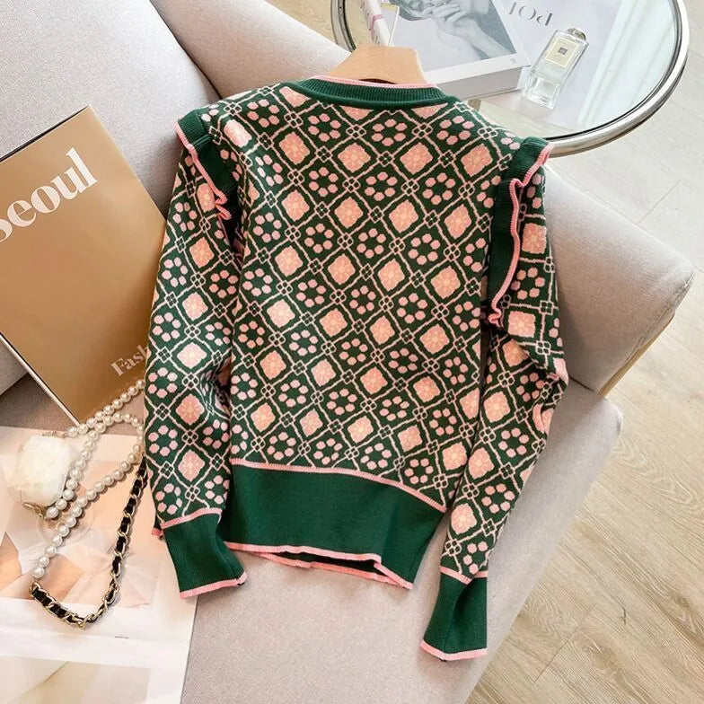 Green women's printed sweater with loose fit design for casual commuter wear