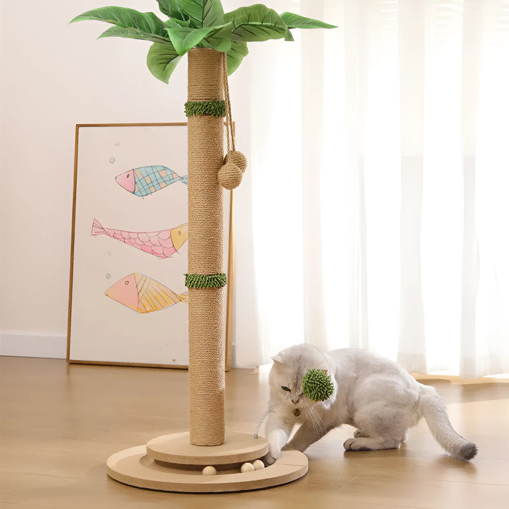Vertical cat climbing frame with hemp rope scratch posts in canna chamfering colour