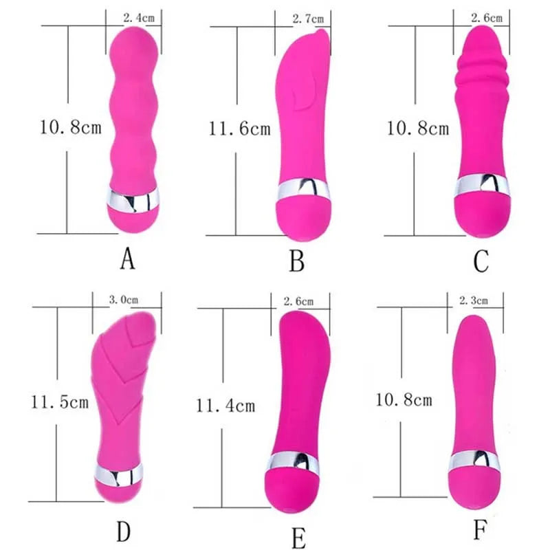 A selection of six different mini realistic dildo styles for women, labelled A through F