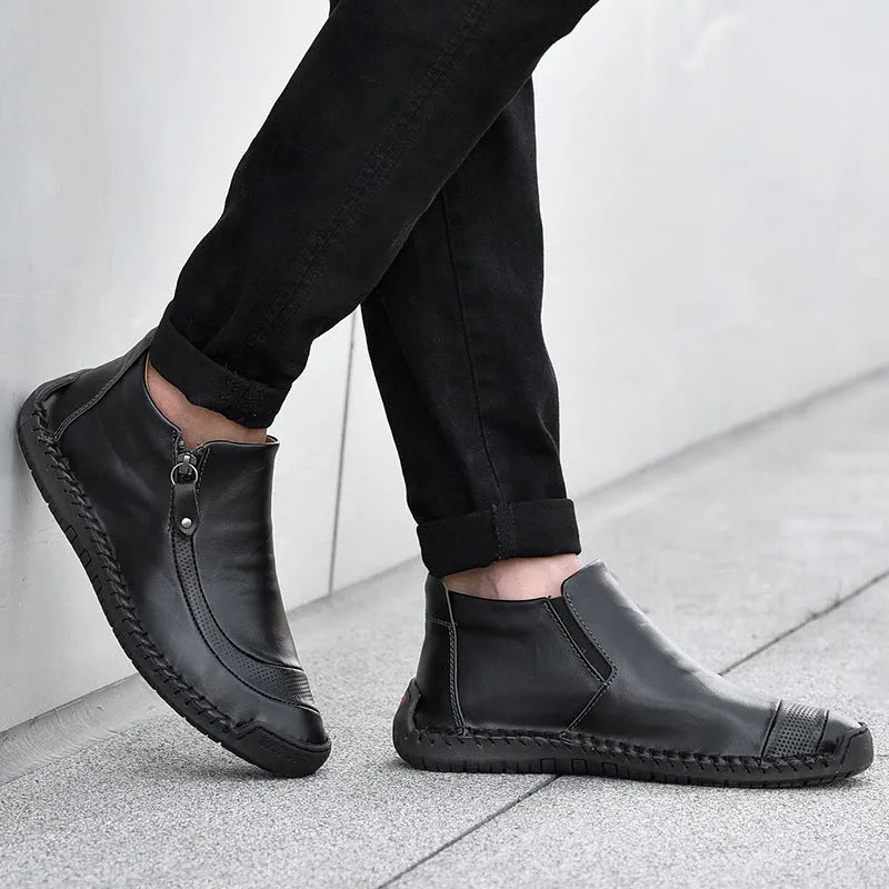 Men's high top lazy driving shoes in black with slip-on design, round toe, and rubber sole