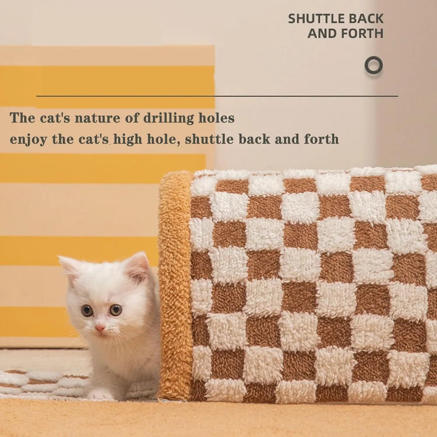 Brown plaid plush cat tunnel bed with a zippered entrance and central mat on a wooden floor.