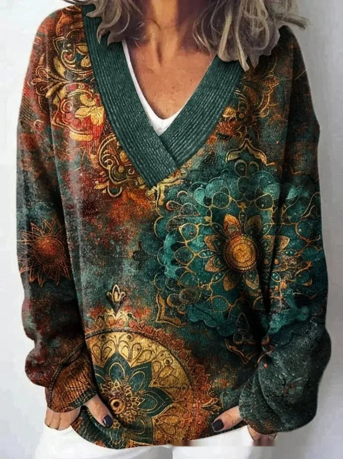 Women's floral printed sweatshirt with 3D pattern effect, V-neck pullover style in wool woven polyester fabric