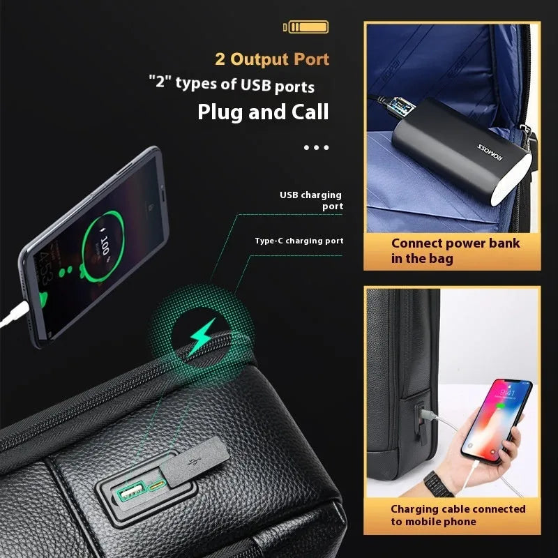 Black genuine leather business commuter backpack with USB port and curved straps