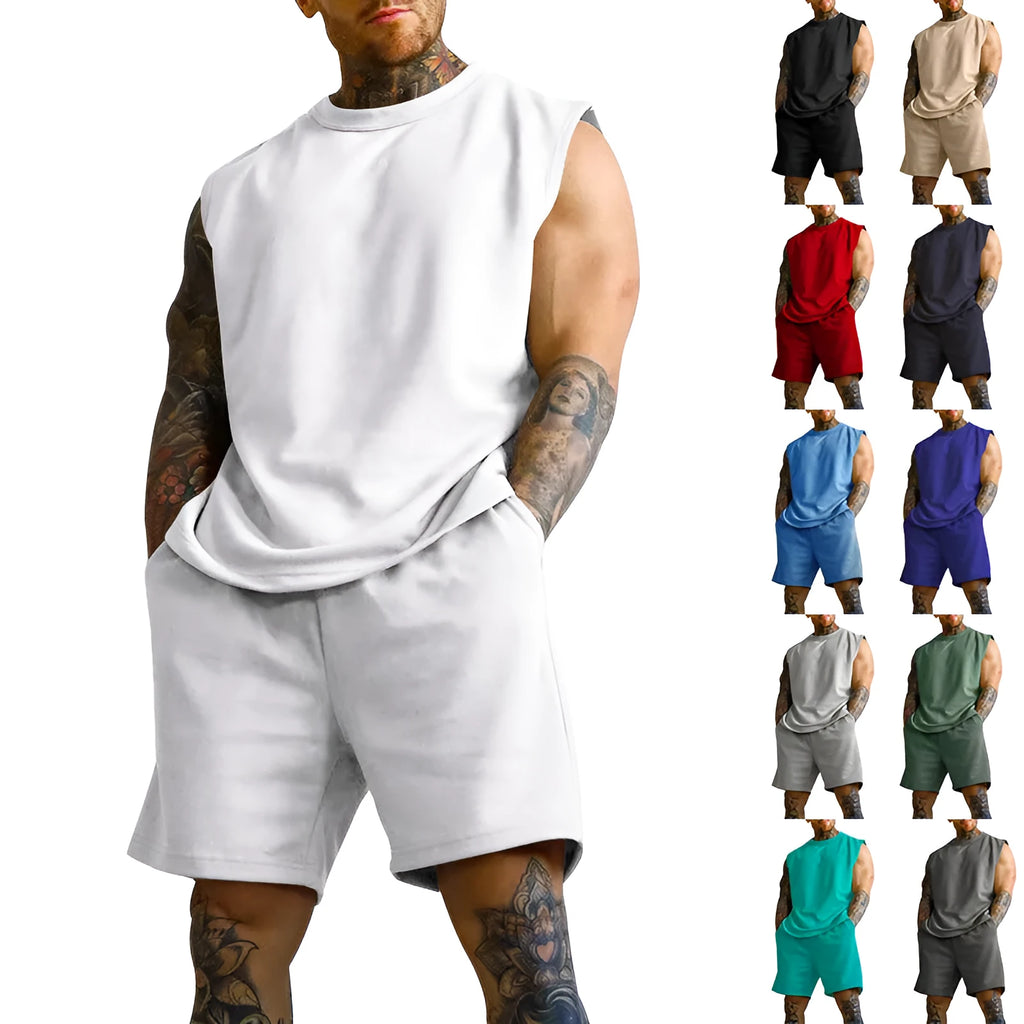 Men's sleeveless sports suit set showing sleeveless top and matching shorts in cotton blend fabric