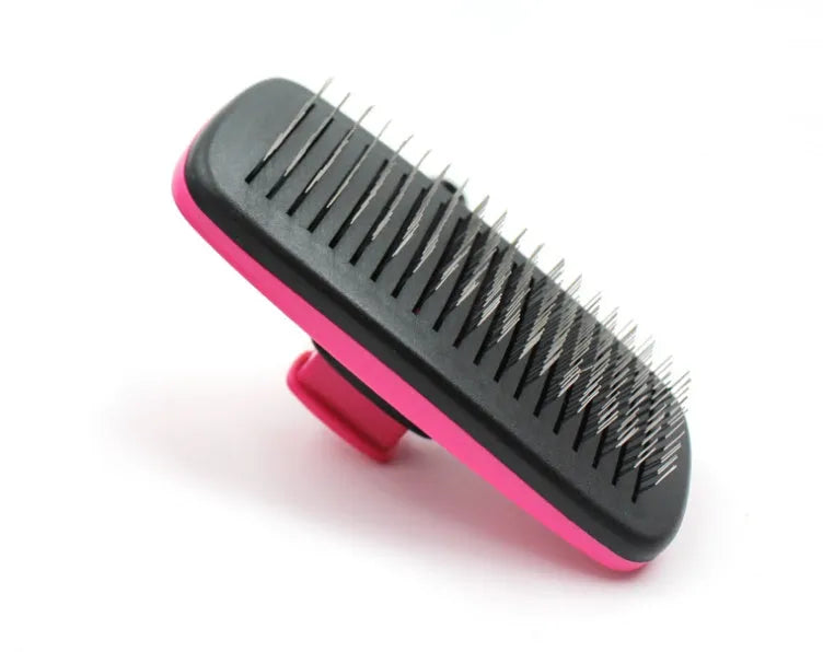 Pet self-cleaning comb with stainless steel teeth and rose red ergonomic handle for dog cat grooming