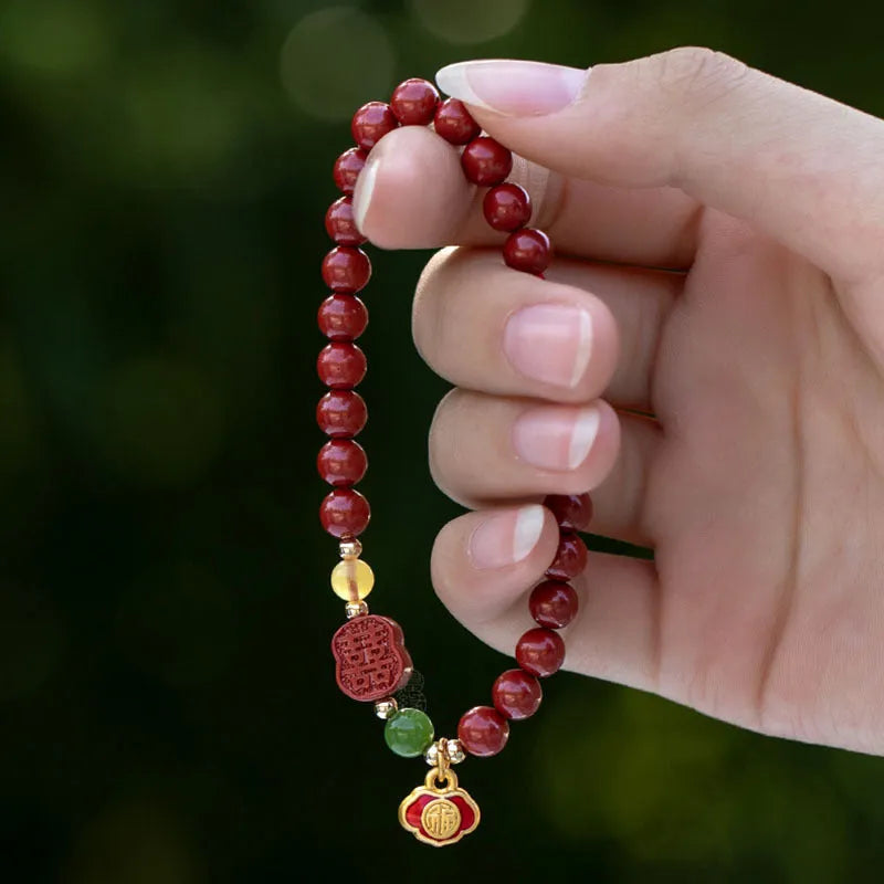 Cinnabar bracelet with emperor sandstone beads and fu character symbol in new Chinese style