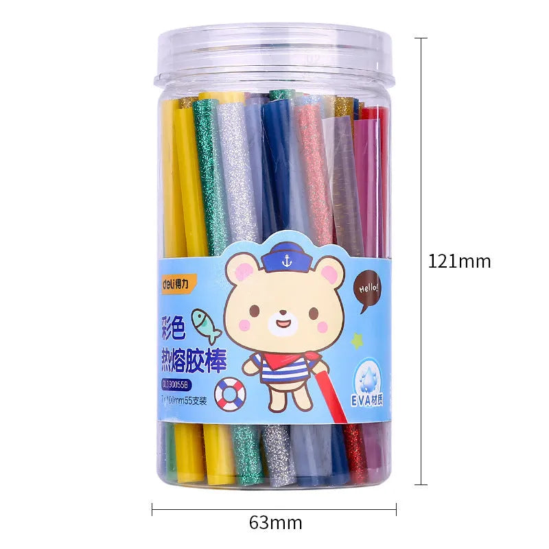Pack of 55 transparent hot melt glue sticks measuring 7mm in diameter.