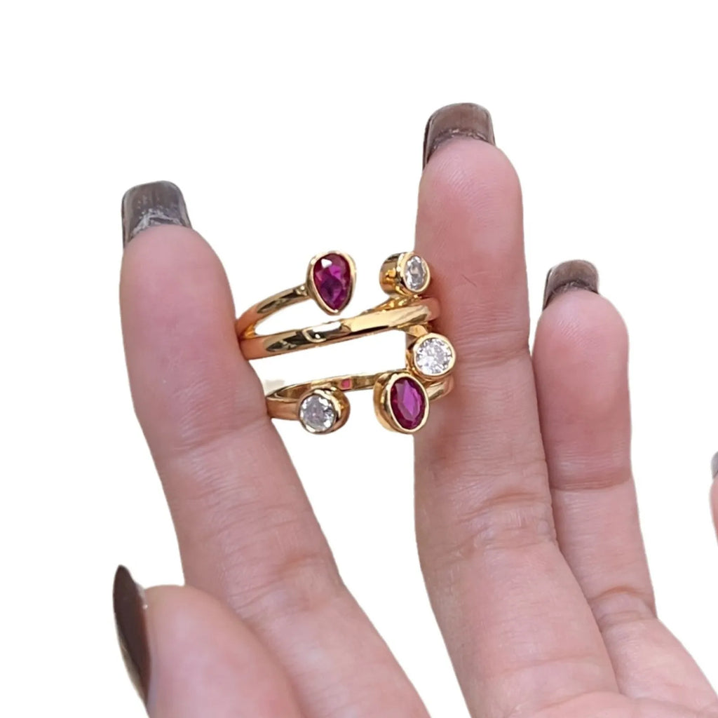 Geometric double-headed diamond ring with irregular cross design in two-tone red and white finish