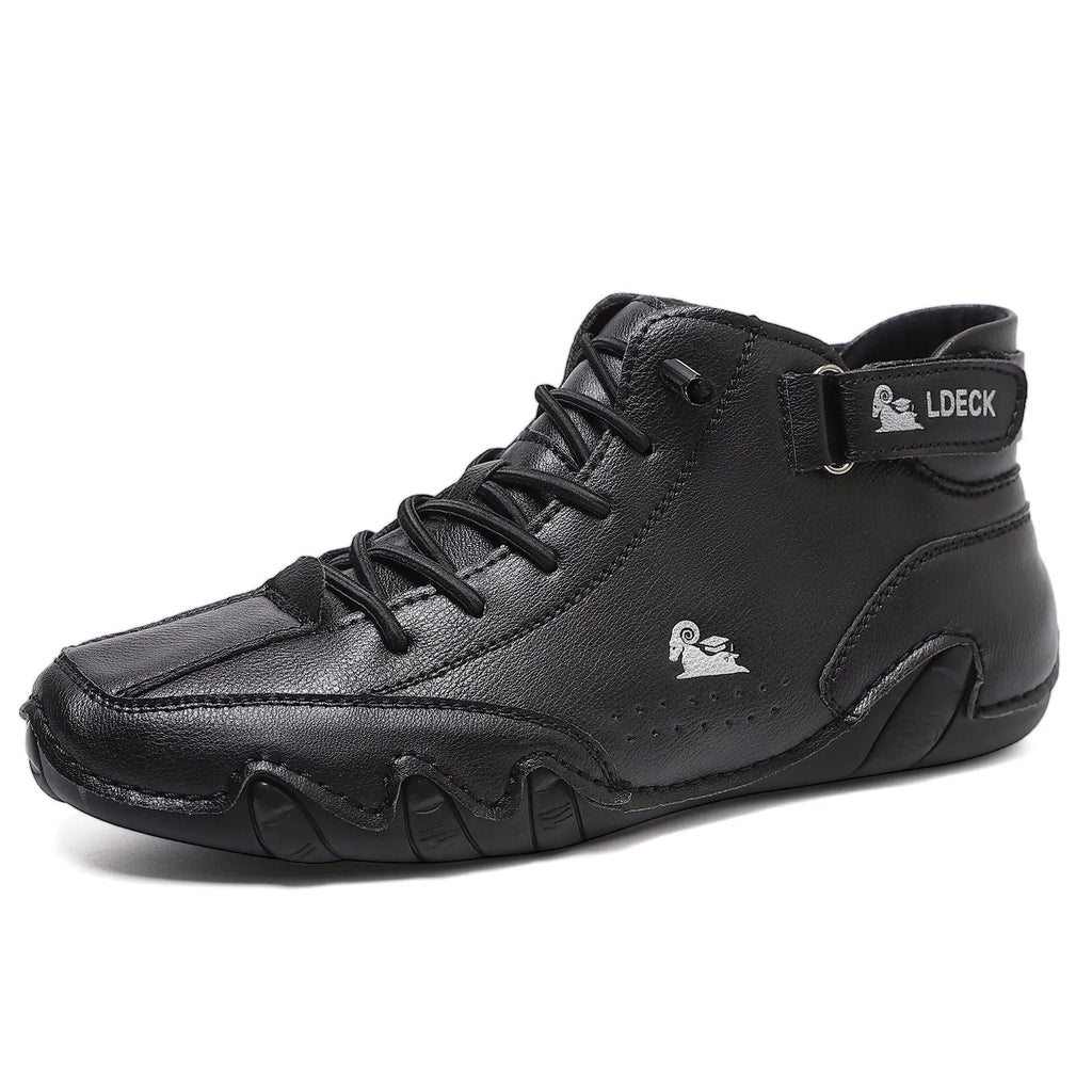 Men's octopus style high top boots in khaki colour with a microfiber upper and flat rubber sole.