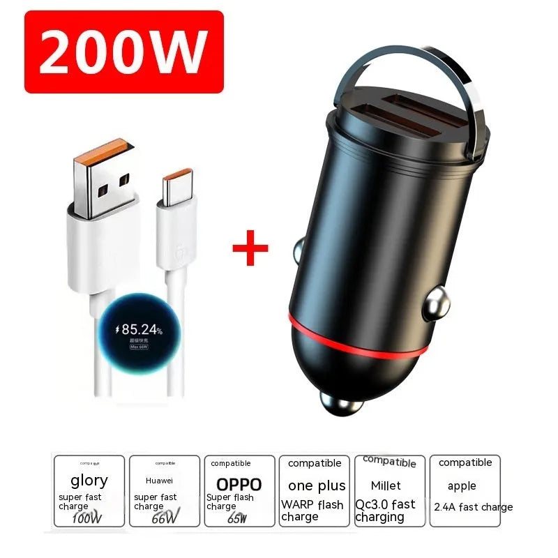 Black zinc alloy 200W car charger showing USB ports and compact design
