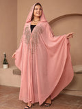 Purple Muslim style chiffon shawl with rhinestone beading, shown draped.
