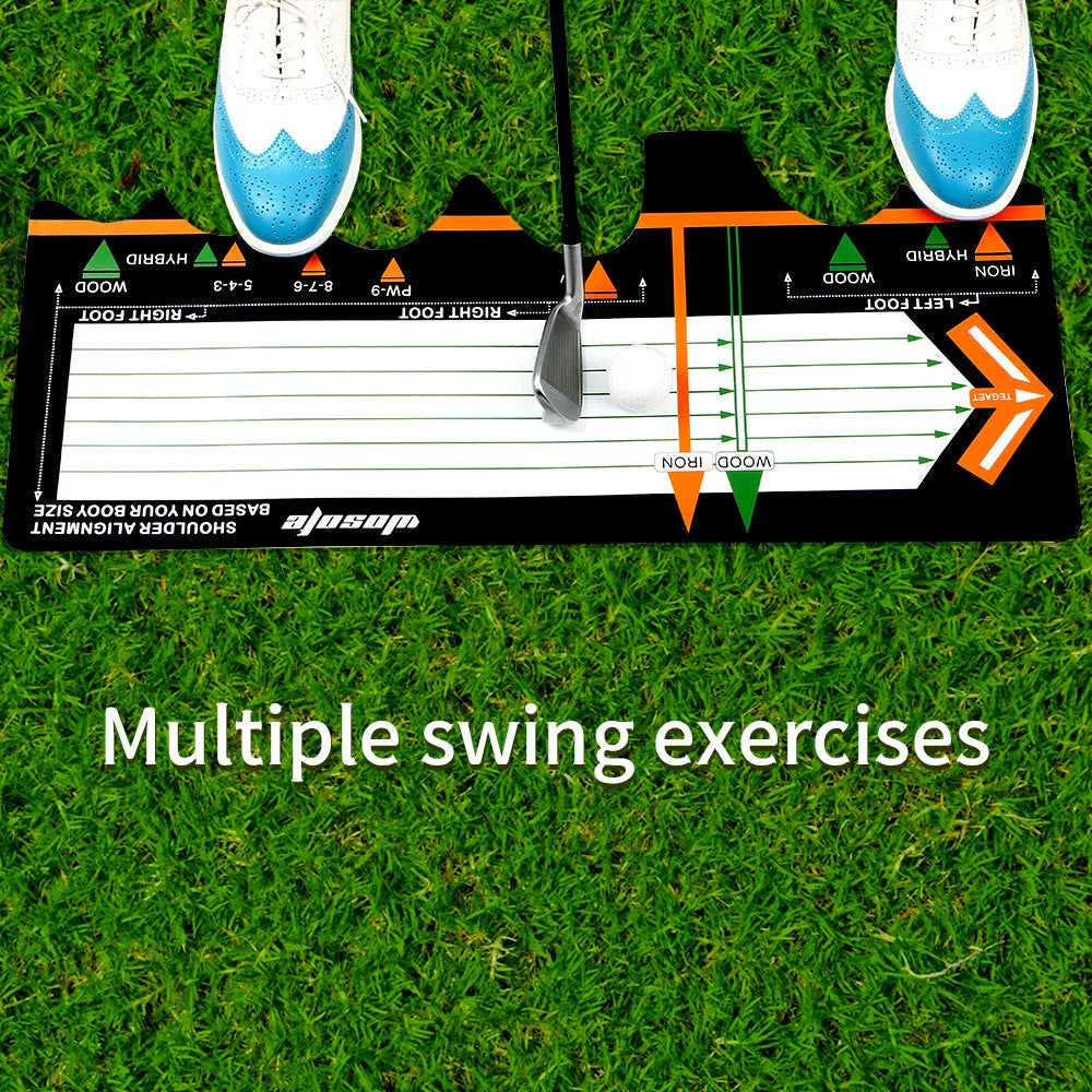 Black neoprene golf swing posture training pad on a practice surface
