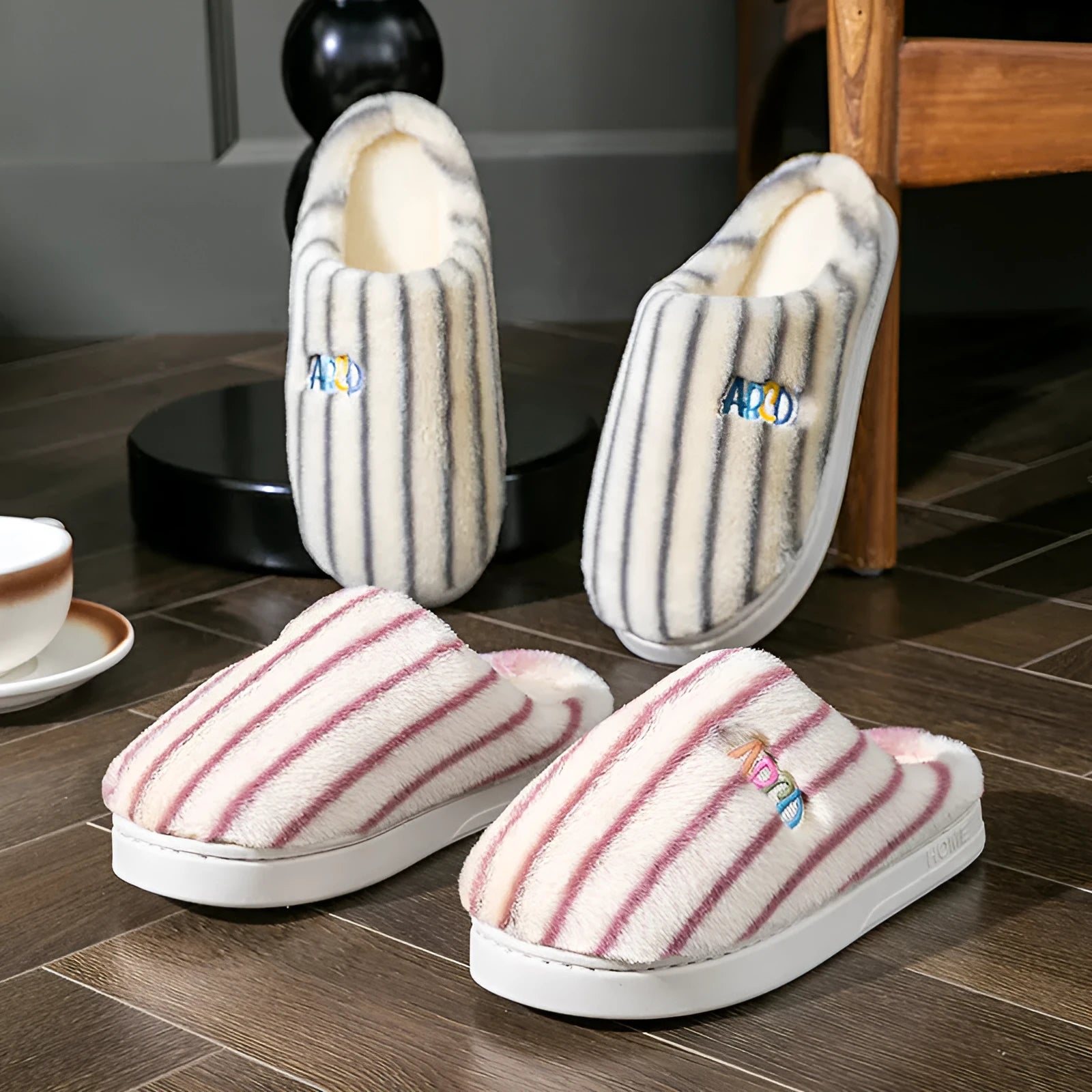 Vertical plush soft cotton slippers for men women in pink with plastic sole