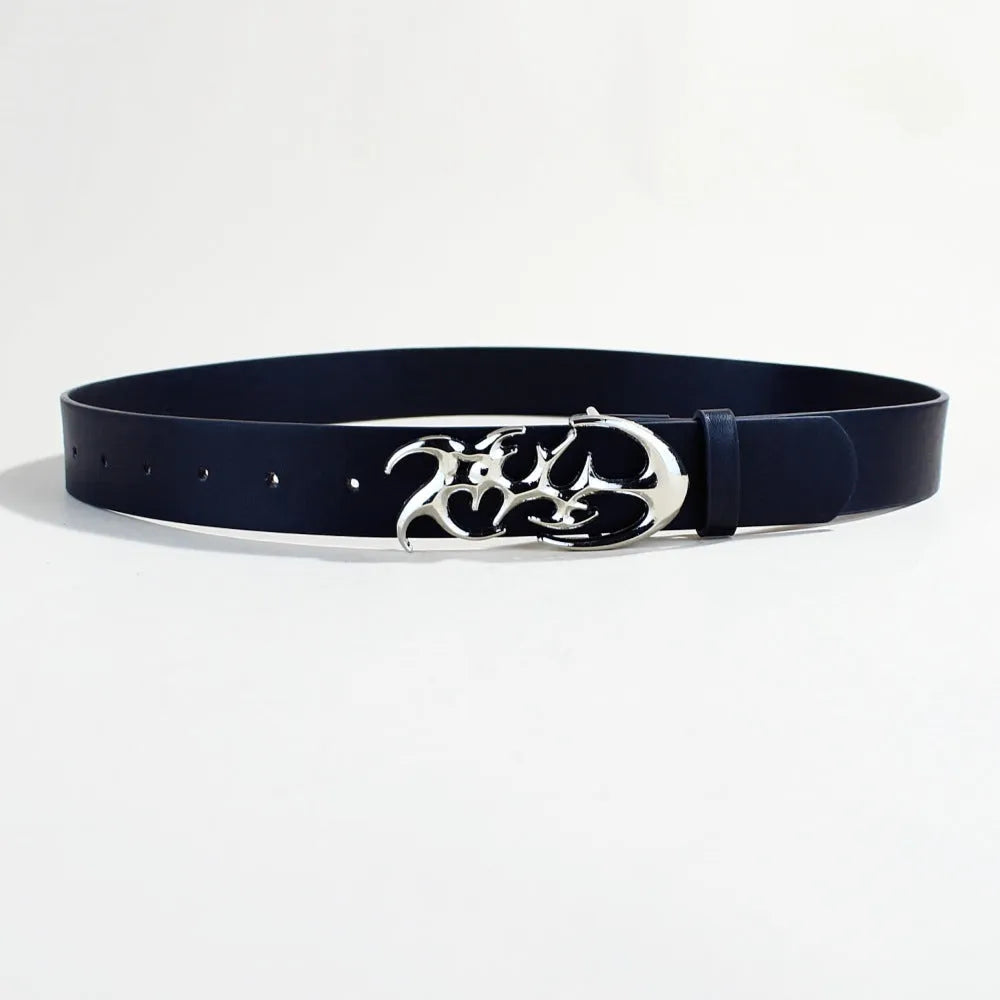 Silver buckle casual belt made from PU leather with snap button fastening, showing 105cm length