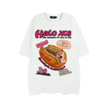 Cartoon hamburger dog printed cotton T-shirt in loose fit, shown in apricot colour.