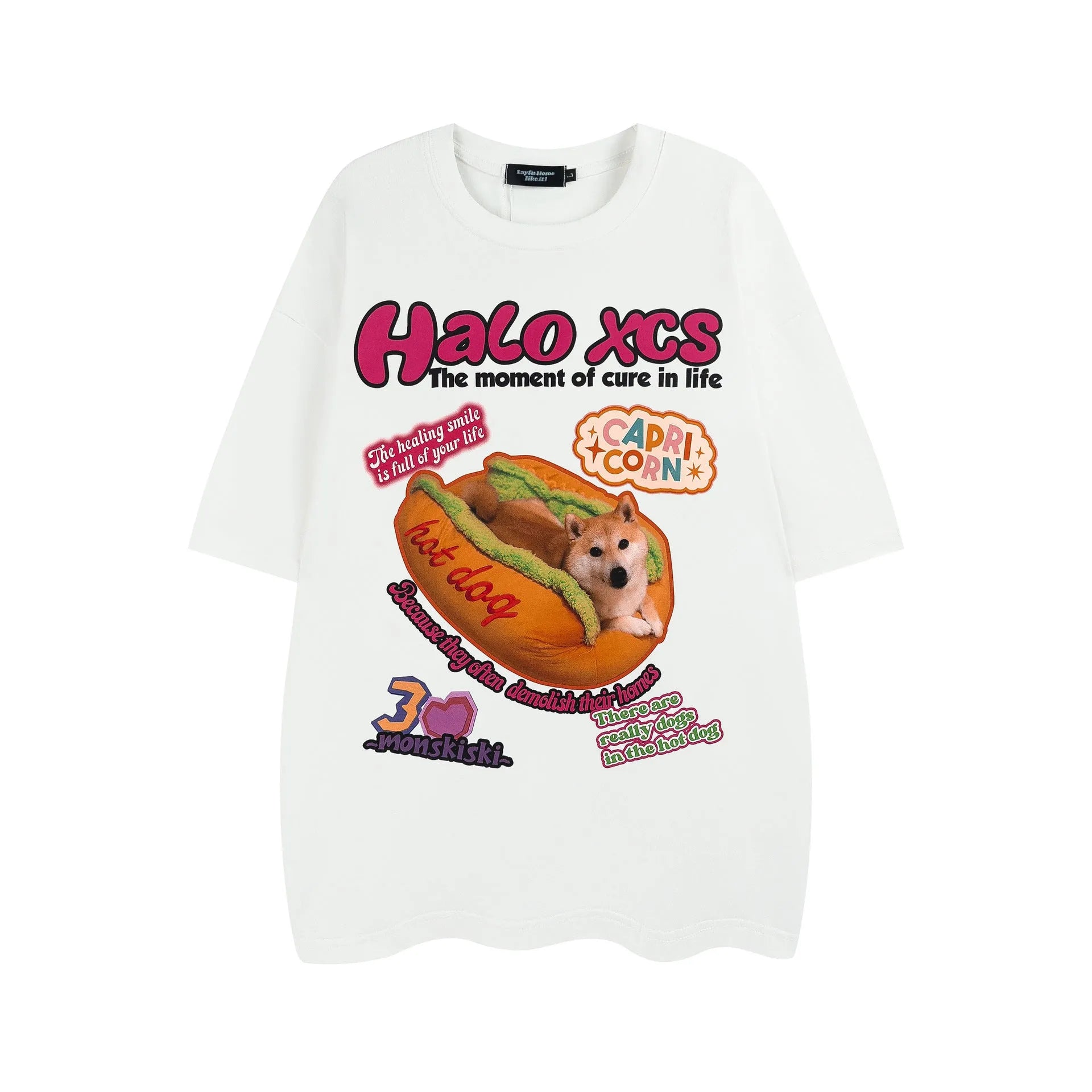 Cartoon hamburger dog printed cotton T-shirt in loose fit, shown in apricot colour.